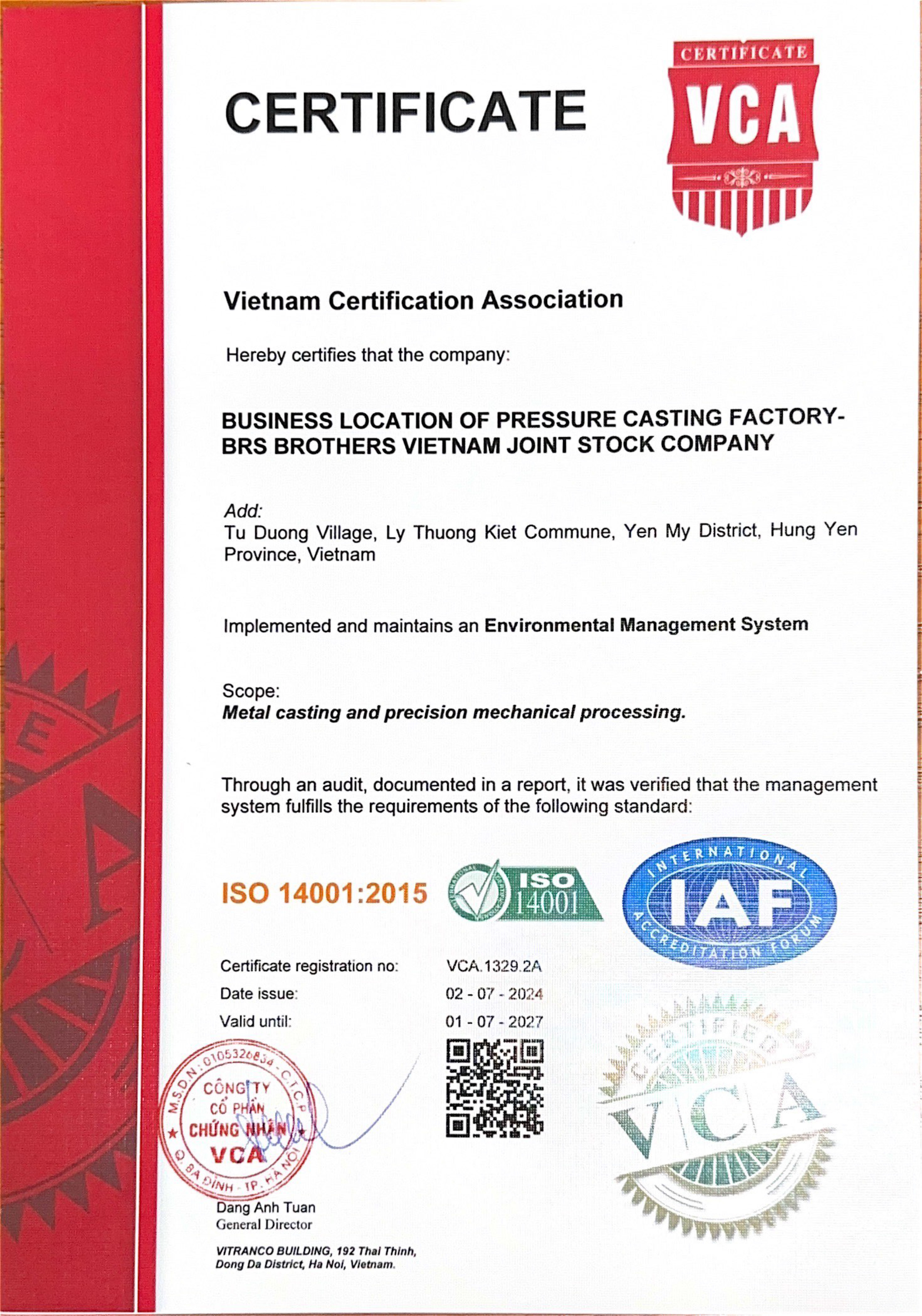 ISO 14001:2015 Certificate