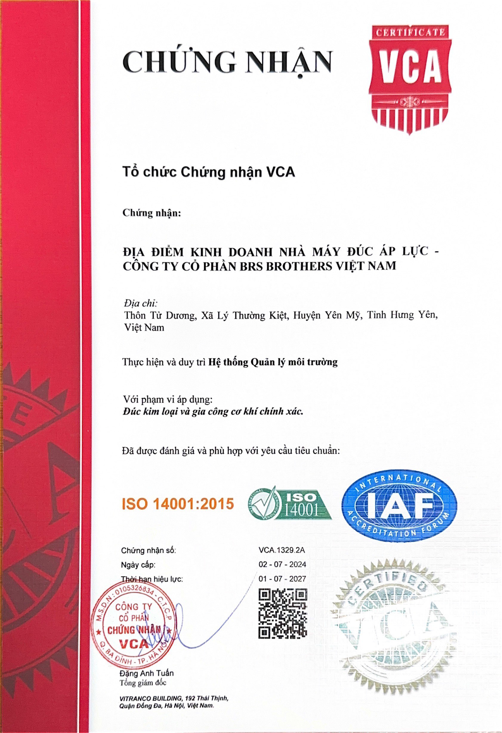 Chứng chỉ ISO 14001:2015